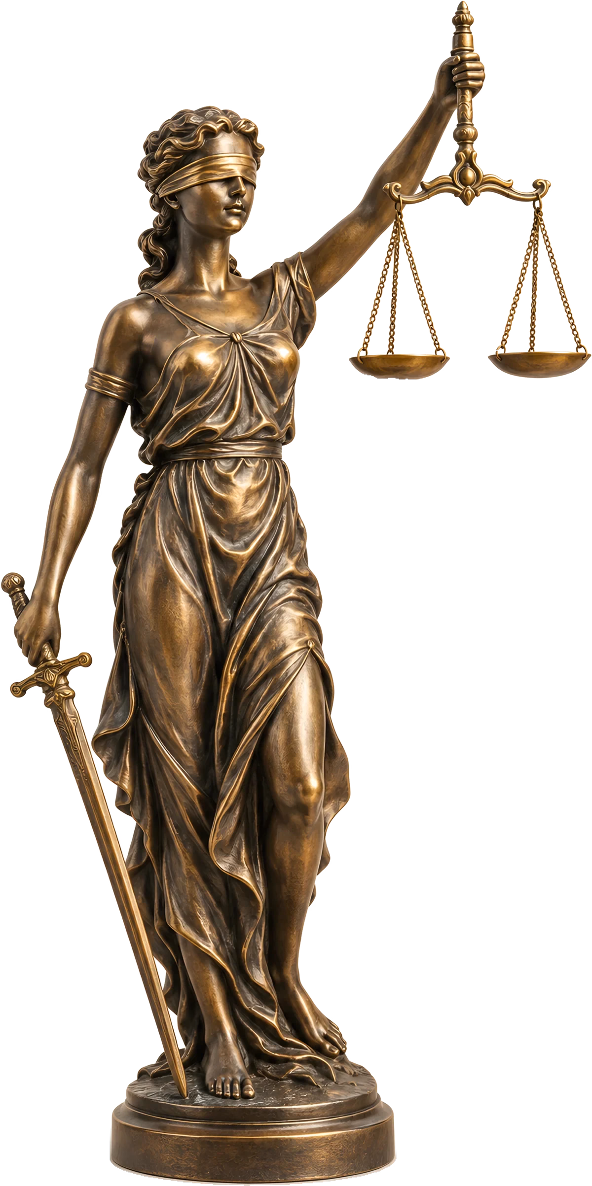 A bronze statue of Lady Justice, blindfolded, holding the scales and a sword